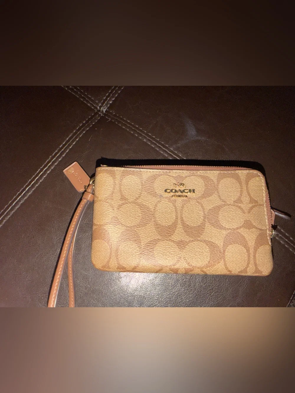 Coach Tan Signature Canvas Wristlet with Leather Strap